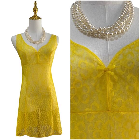 Vintage 60s Germany Stretta Neon Yellow Sheer Lace Mini Full Slip Dress Size S - Picture 1 of 9